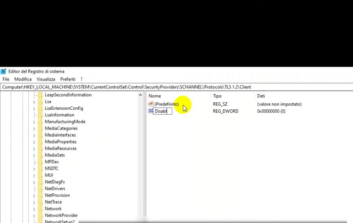 Impostare il valore di `Disabled` a `0` (zero), con base esadecimale.
