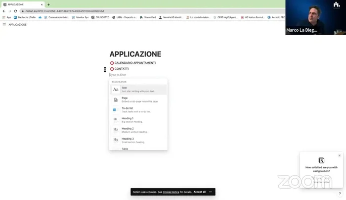Creazione di una pagina per le commesse/progetti utilizzando il template 'Database'. Aggiunta di campi personalizzabili (Nome progetto, Tipologia, File allegati).