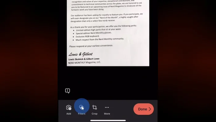 Applica il filtro "Documento" per una scansione più pulita e di alta qualità.