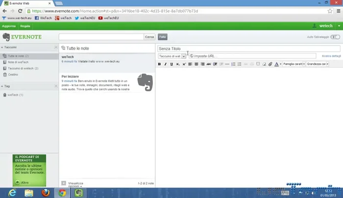 Creare una nuova nota utilizzando l'interfaccia web.