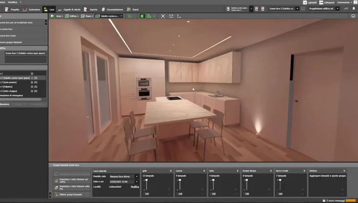 Gestione dell'illuminazione della cucina: utilizzo di faretti a soffitto ad incasso a scomparsa con fascio stretto per illuminare l'isola centrale.