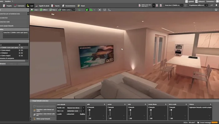 Illuminazione generale della zona living con due file di faretti Petit (led arretrato) per un'illuminazione diffusa.