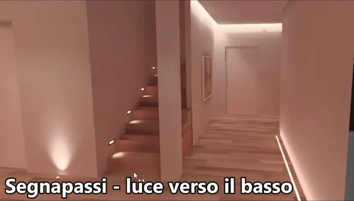 Integrazione di una linea a terra incassata per un effetto diffuso e morbido, in contrasto con l'illuminazione puntuale dei segnapassi.