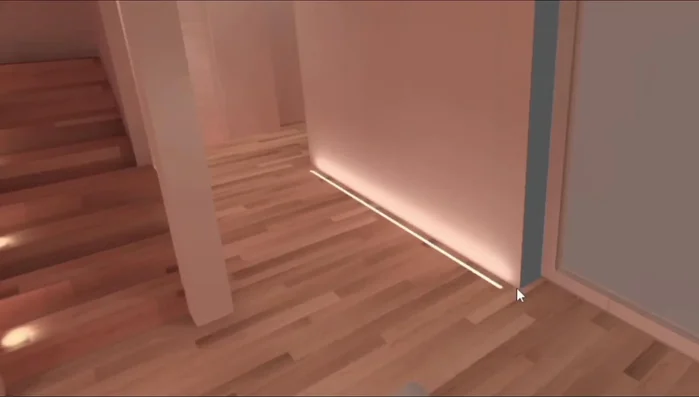 Integrazione di una linea a terra incassata per un effetto diffuso e morbido, in contrasto con l'illuminazione puntuale dei segnapassi.