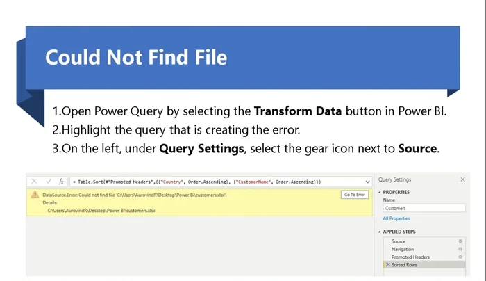 Risoluzione errore "Impossibile trovare il file": Verificare le impostazioni dell'origine dati, correggere il percorso del file e ricaricare il file corretto.