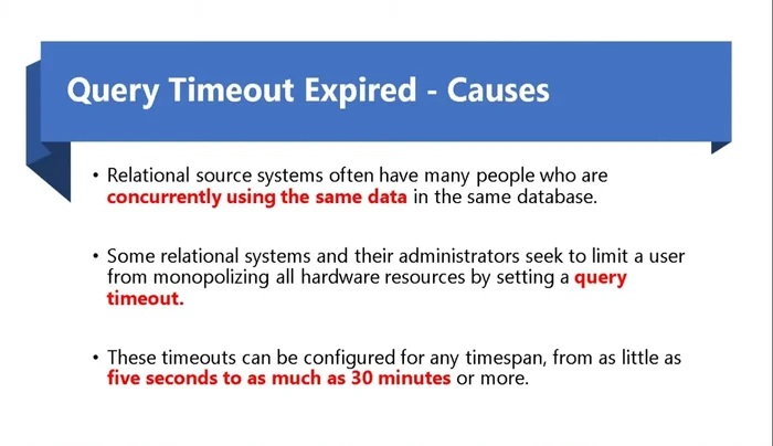 Risoluzione errore di timeout di query: Estrarre meno colonne e righe; scrivere una query SQL più efficiente con raggruppamenti e aggregazioni; unire più tabelle in una singola istruzione SQL; eseguire sottoquery complesse in modo più efficiente.