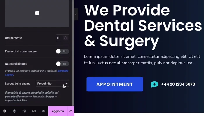 Se necessario, rimuovi header e footer andando su Impostazioni pagina > Layout pagina > Elementor Canvas.