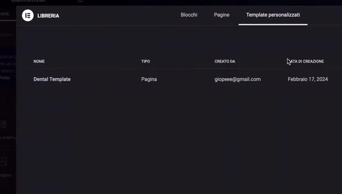 Importazione del Template Elementor