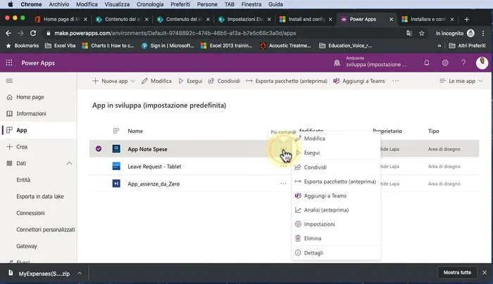 Accedere all'app 'Notte Spese' in Power Apps e cliccare su 'Modifica'.