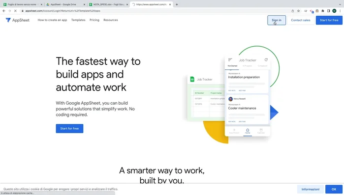 Dai un nome alla tua app (es. 'Nota Spese') e seleziona la sorgente dati (il tuo file Excel su Google Drive).