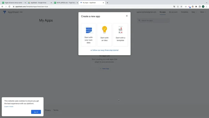 Dai un nome alla tua app (es. 'Nota Spese') e seleziona la sorgente dati (il tuo file Excel su Google Drive).
