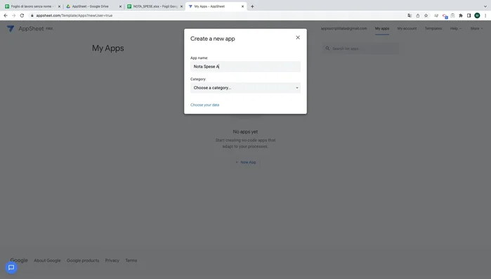 Dai un nome alla tua app (es. 'Nota Spese') e seleziona la sorgente dati (il tuo file Excel su Google Drive).