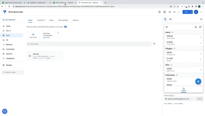 Configura le tabelle in AppSheet, specificando quali colonne utilizzare e il loro tipo di dato. Aggiungi una colonna ID univoca per ogni riga.