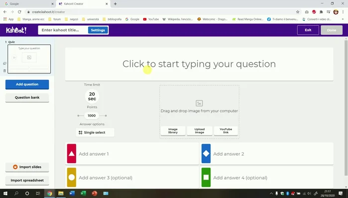 Aggiungi domande di vario tipo: quiz a scelta multipla, vero/falso.