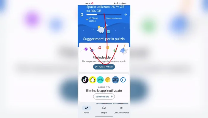 Tocca 'Pulisci' per eliminare i file temporanei.