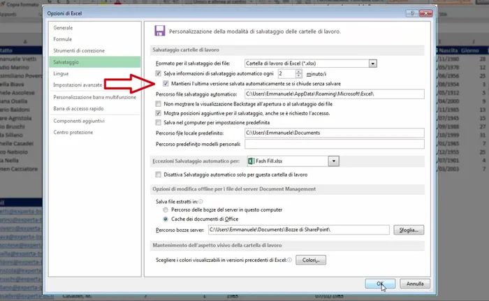 Attivare il flag "Mantieni l'ultima versione salvata automaticamente se si chiude senza salvare".