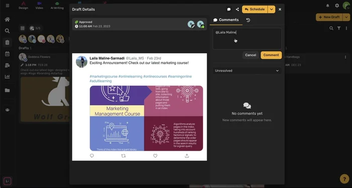 Utilizza la sezione commenti per la collaborazione di team e la revisione dei contenuti.