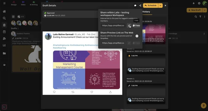 Condividi i post internamente o esternamente tramite i link dedicati.