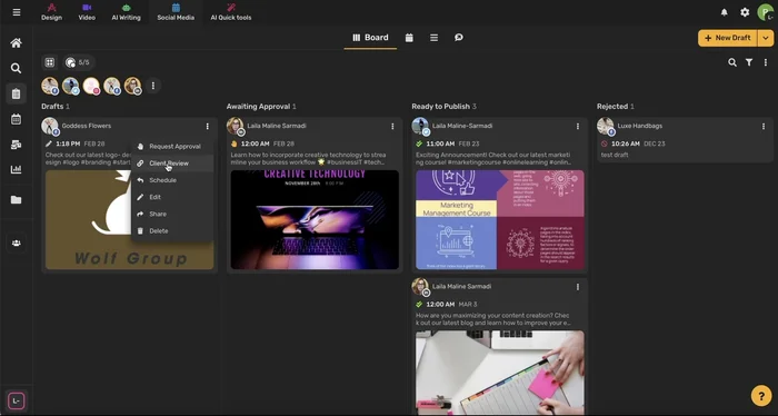 Utilizza il menu a tre punti su ogni post per azioni come spostare, richiedere approvazione, programmare, modificare, condividere o eliminare.