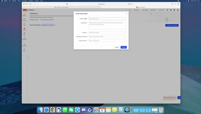 Creazione di un nuovo progetto su Tuya Platform (Smart Home, Europe Data Center).