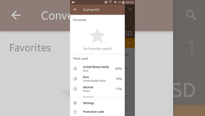 Utilizzare il menu a comparsa per accedere a conversioni preimpostate e settaggi.