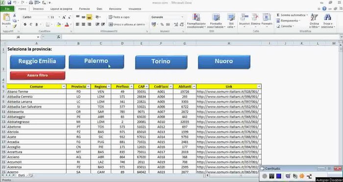 Aprire il file Excel contenente i dati da filtrare. Inserire dei pulsanti (es. tramite l'icona 'Inserisci' > 'Forme').
