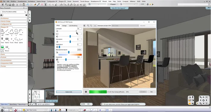 Controllare i parametri nella scheda 'Dettagli' anche prima di eseguire il rendering (è possibile interrompere e riavviare l'elaborazione con nuovi parametri senza tornare al modello 3D).