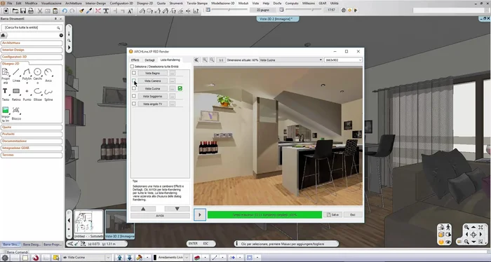 Utilizzare la scheda 'Lista Render' per accodare più immagini da eseguire in un'unica operazione, definire il percorso di salvataggio e controllare lo stato di avanzamento.