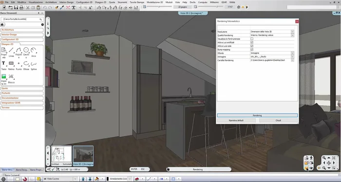Selezionare la qualità del rendering (iniziare con un template 'veloce' per i primi tentativi, poi passare ad alta risoluzione solo per il rendering definitivo).