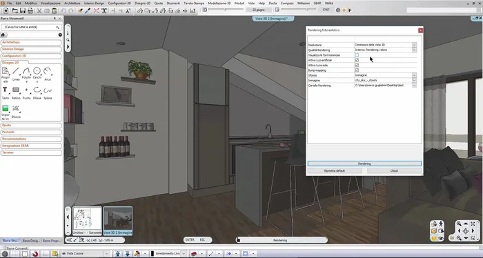 Selezionare la qualità del rendering (iniziare con un template 'veloce' per i primi tentativi, poi passare ad alta risoluzione solo per il rendering definitivo).