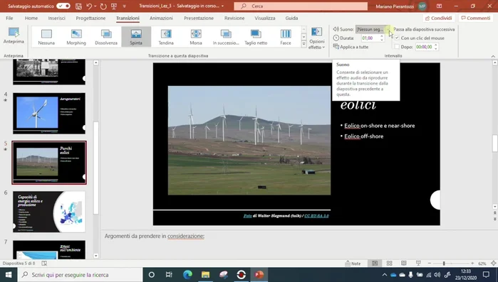Regolare la durata della transizione, scegliendo se attivarla al click del mouse o dopo un intervallo di tempo (utile per presentazioni automatiche).