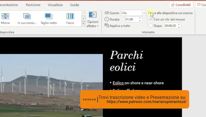 Regolare la durata della transizione, scegliendo se attivarla al click del mouse o dopo un intervallo di tempo (utile per presentazioni automatiche).