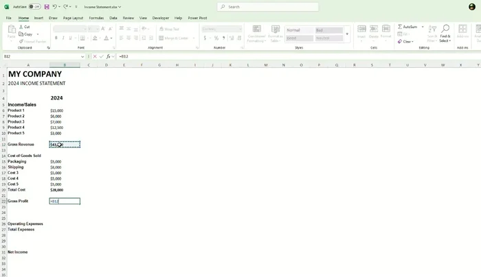Calcola l'Utile Lordo sottraendo il Costo Totale dei Beni Venduti dal Ricavo Lordo.
