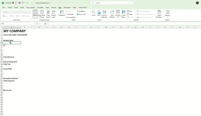 Inserisci le voci di entrata (es. Prodotto 1, Prodotto 2...). Aggiungi i valori corrispondenti nelle colonne di entrate.