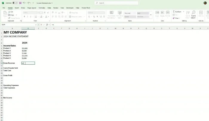 Calcola il Ricavo Lordo sommando tutte le entrate. Usa la funzione SOMMA di Excel.