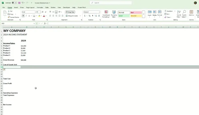 Inserisci le voci di costo dei beni venduti (COGS) per ogni prodotto, includendo dettagli come imballaggio e spedizione. Somma i costi COGS per ottenere il Costo Totale dei Beni Venduti.