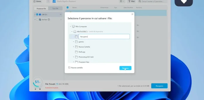 Scegliere la directory di salvataggio e cliccare nuovamente su "Recupera".
