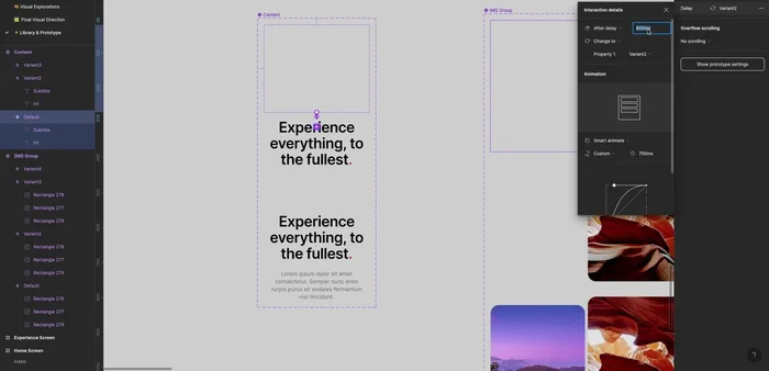 Animazione del testo con ritardo (800 millisecondi iniziali, poi regolazione a 400 millisecondi).