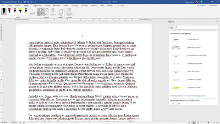 Per inserire una parola o frase, disegnare un apice e scriverla manualmente. Il riconoscimento del testo scritto a mano libera è limitato a singole parole o a brevi frasi scritte in stampatello.