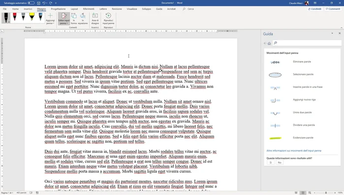 Per inserire una parola o frase, disegnare un apice e scriverla manualmente. Il riconoscimento del testo scritto a mano libera è limitato a singole parole o a brevi frasi scritte in stampatello.