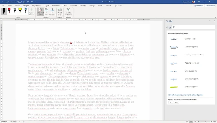 Per inserire una parola o frase, disegnare un apice e scriverla manualmente. Il riconoscimento del testo scritto a mano libera è limitato a singole parole o a brevi frasi scritte in stampatello.