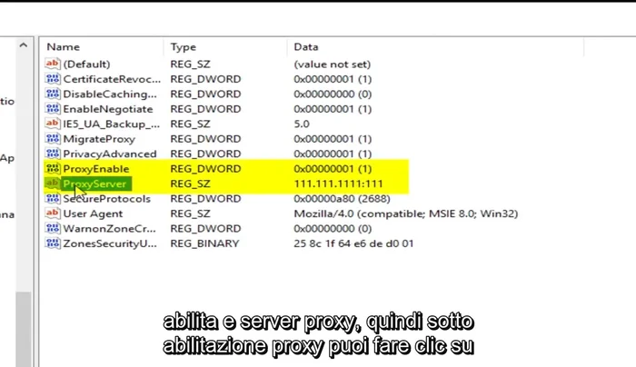 Elimina i valori "ProxyEnable" e "ProxyServer". Conferma l'eliminazione.