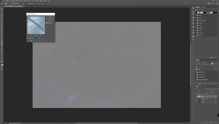 Applica il filtro "Controllo sfocatura" (Filtro > Sfocatura > Controllo sfocatura). Imposta un raggio (es. 5 pixel) per evidenziare le linee scure rispetto allo sfondo grigio.