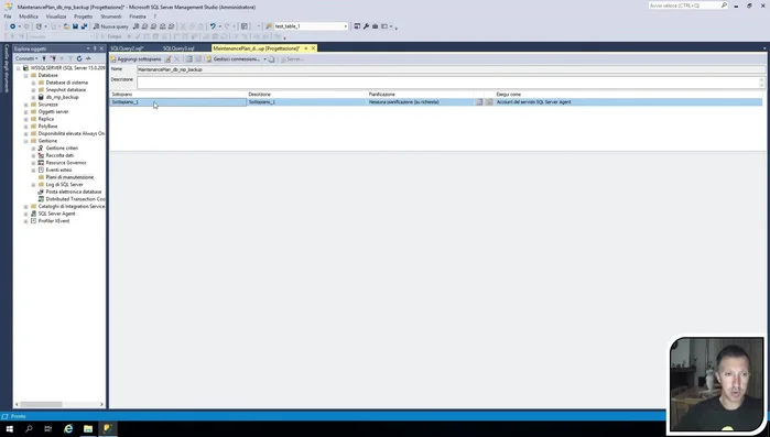 Configurare le impostazioni del backup completo: selezionare il database, la destinazione (disco), il nome del file, la scadenza (13 giorni), e abilitare il checksum per verificare l'integrità.