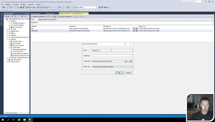 Configurare le impostazioni del backup del log: selezionare il database, la destinazione (stessa degli altri backup), il nome del file e la scadenza (1 giorno). Abilitare il checksum. Ignorare il backup quando lo stato è offline.