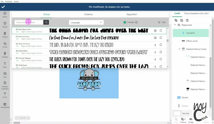 Rimuovere o sostituire i font non standard con font Cricut (es. "Cricket Sans").