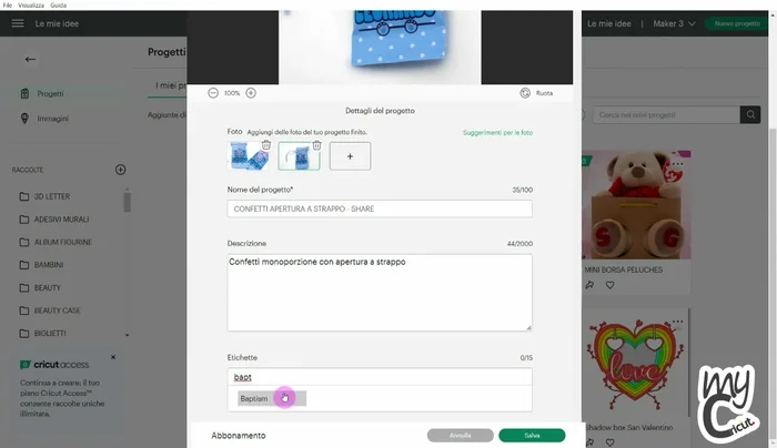 Aggiungere etichette (tag) per migliorare la ricerca (es. "Battesimo", "Baby").