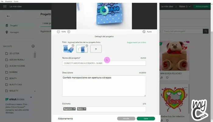 Condividere il progetto: cliccare sull'icona di condivisione e scegliere tra "Copia il link" (per amici) o "Rendi pubblico su Design Space" (per la community Cricut).
