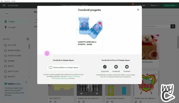 Condividere il progetto: cliccare sull'icona di condivisione e scegliere tra "Copia il link" (per amici) o "Rendi pubblico su Design Space" (per la community Cricut).