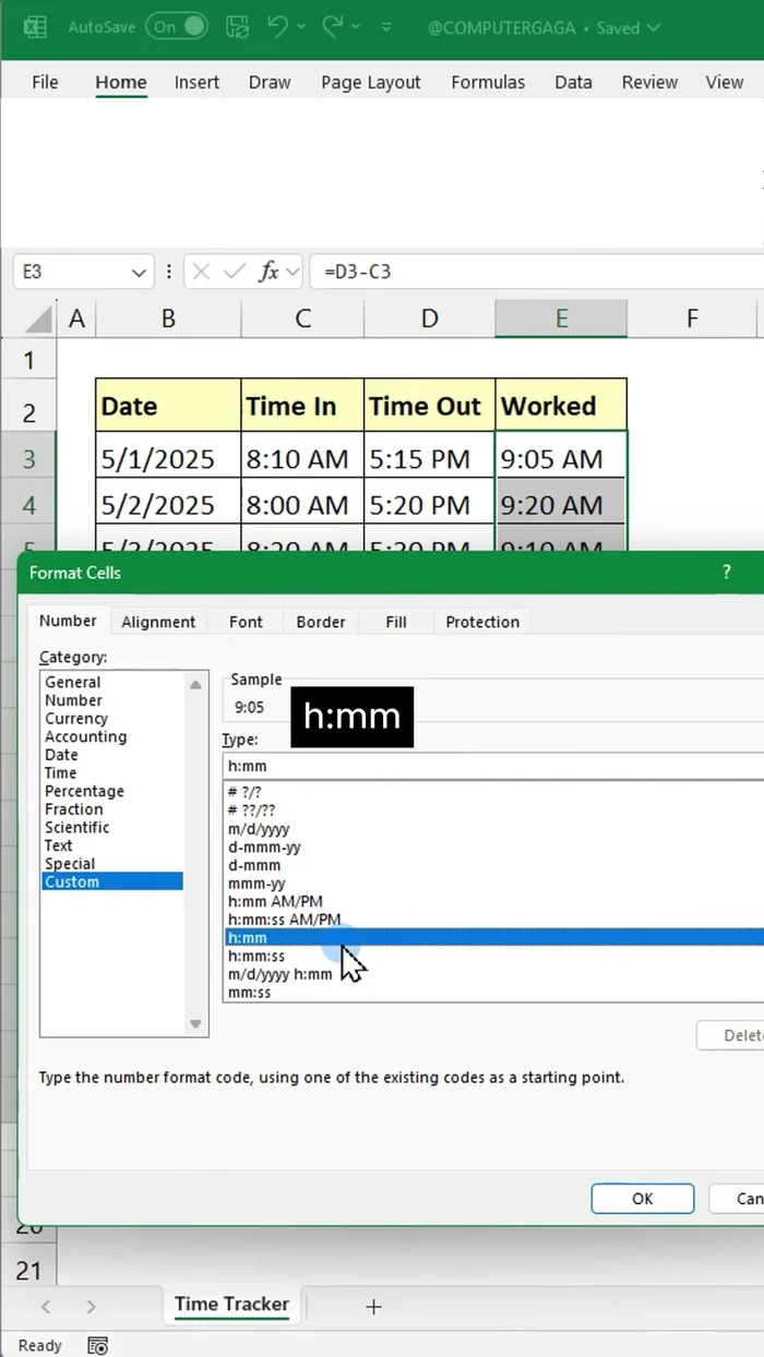Seleziona il formato 'Ora' e fai clic su OK.